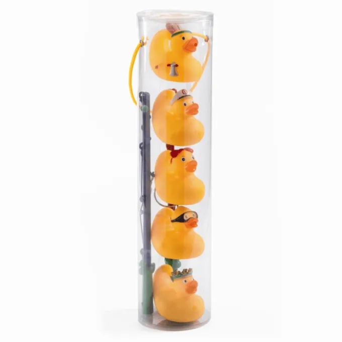 Badeender, 5 stk gule 8 cm + 2 fiskestenger